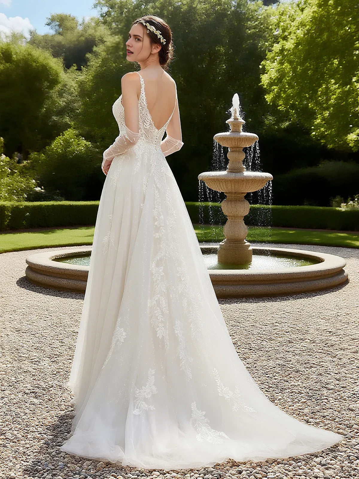 Elegant A Line Deep V Neck Sleeveless Open Back Floor Length Wedding Dress