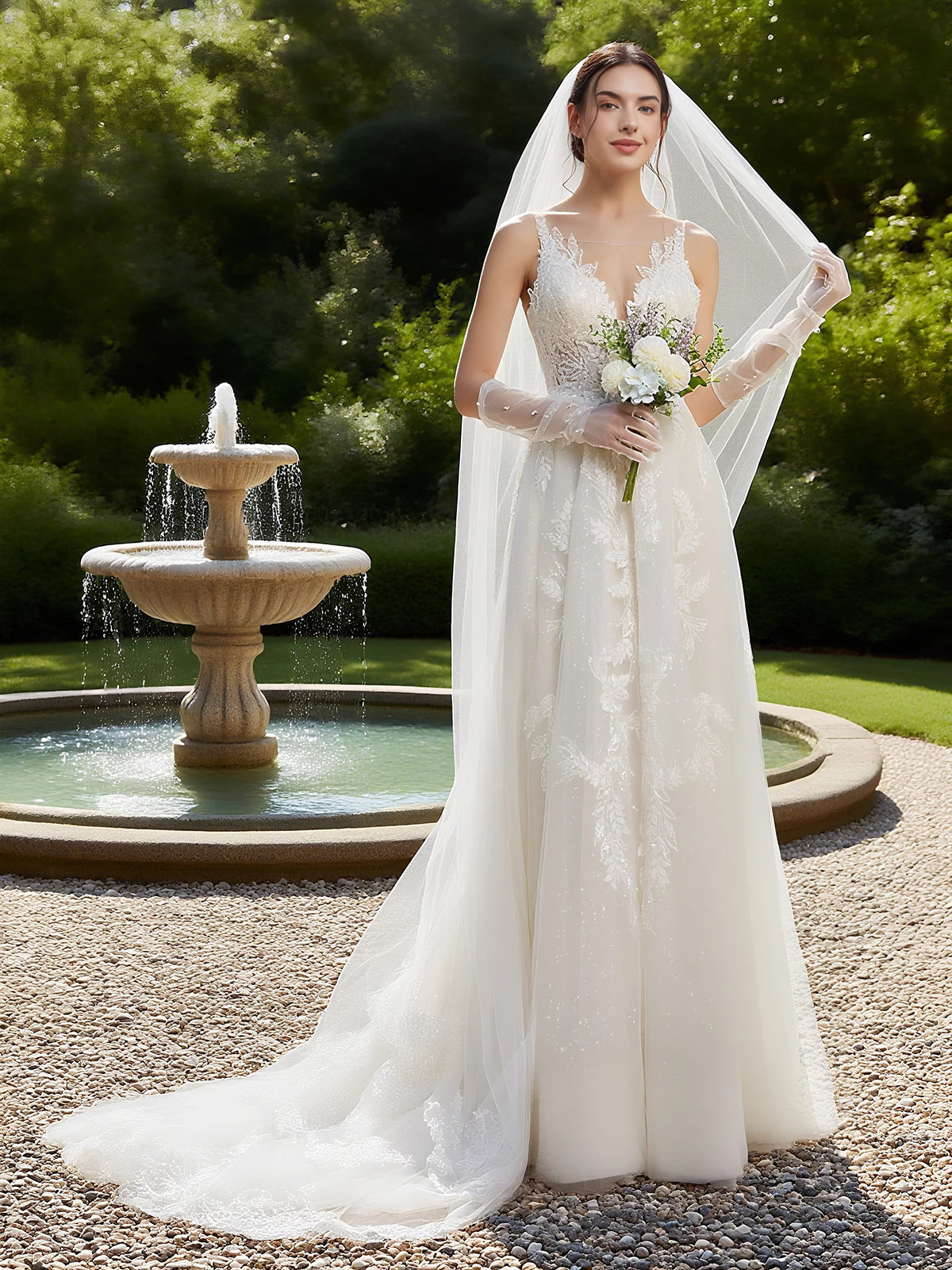 Elegant A Line Deep V Neck Sleeveless Open Back Floor Length Wedding Dress