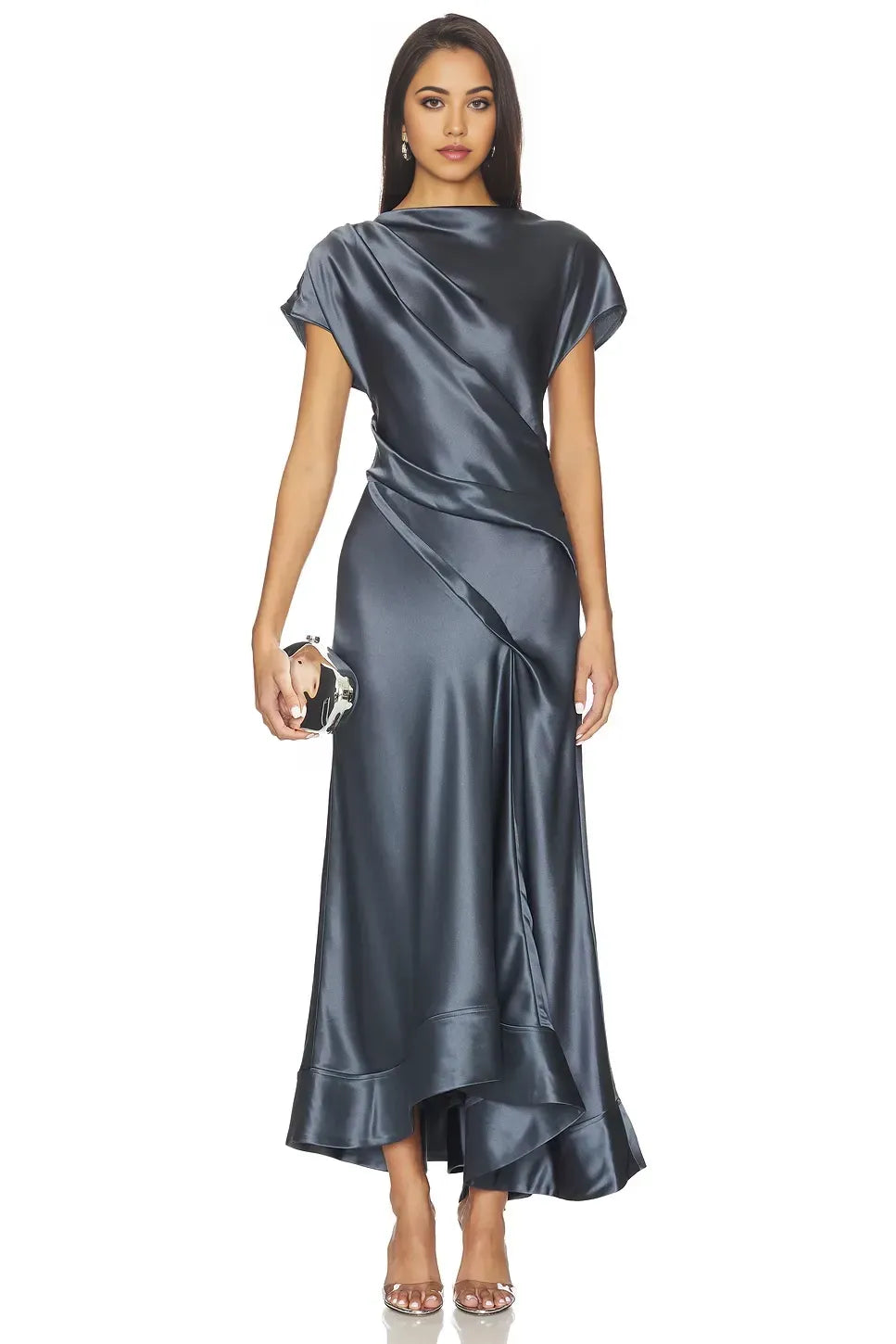 Elegant A Line Draped Neck Cap Sleeve Asymmetric Floor Length Evening Dress