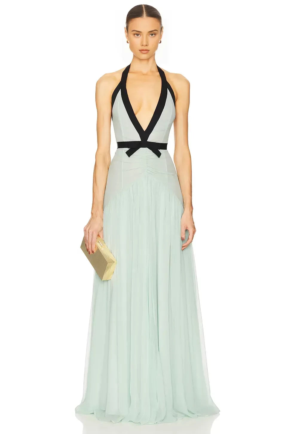 Elegant A Line Halter Neck Sleeveless Open Back Floor Length Evening Dress