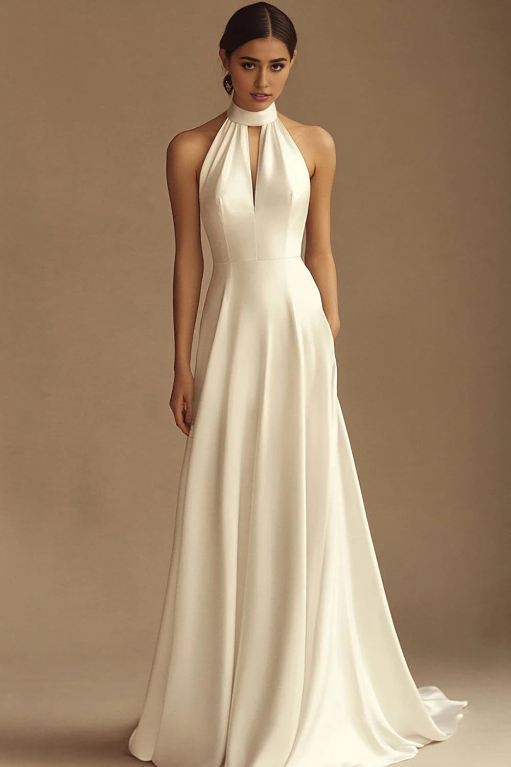Elegant A Line Halter Neck Sleeveless Open Back Floor Length Wedding Dress