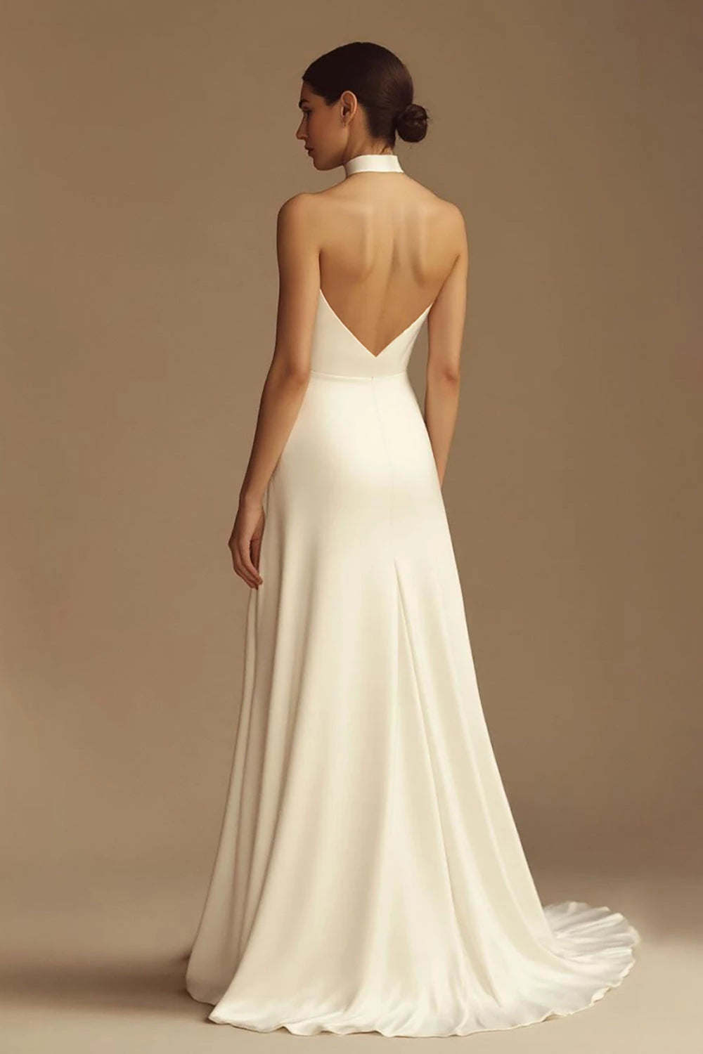Elegant A Line Halter Neck Sleeveless Open Back Floor Length Wedding Dress