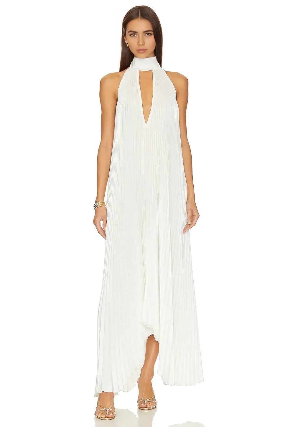 Elegant A-Line Halter Neck Sleeveless Pleated Back Asymmetric Length Evening Dress