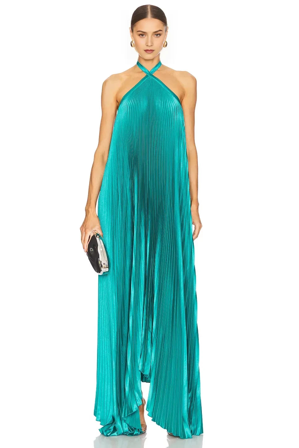 Elegant A Line Halter Neck Sleeveless Pleated Open Back Floor Length Evening Dress