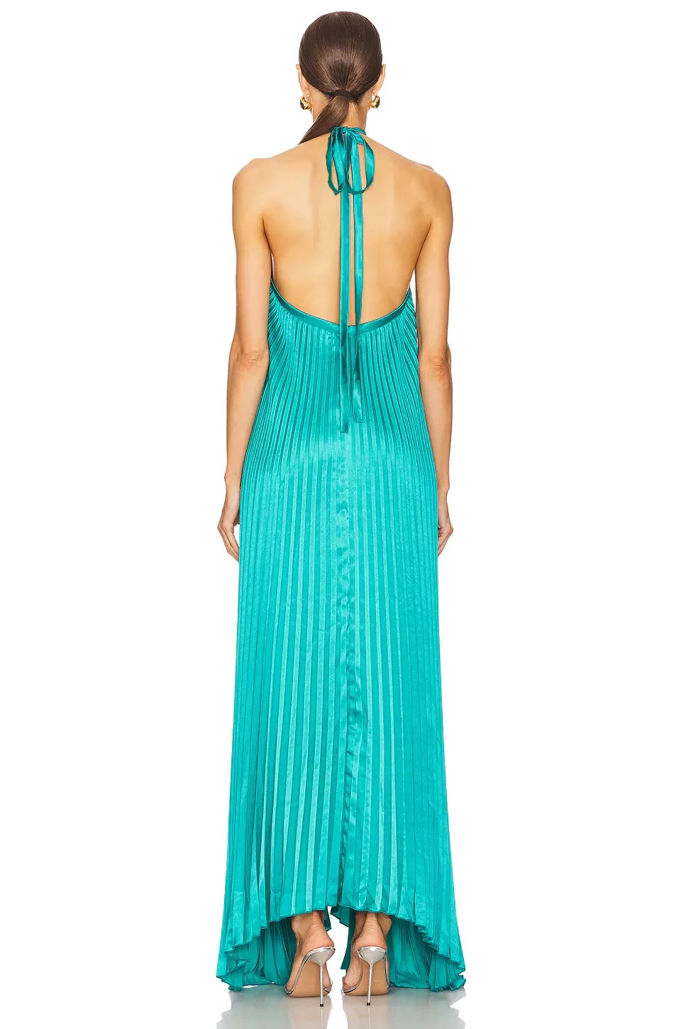 Elegant A Line Halter Neck Sleeveless Pleated Open Back Floor Length Evening Dress