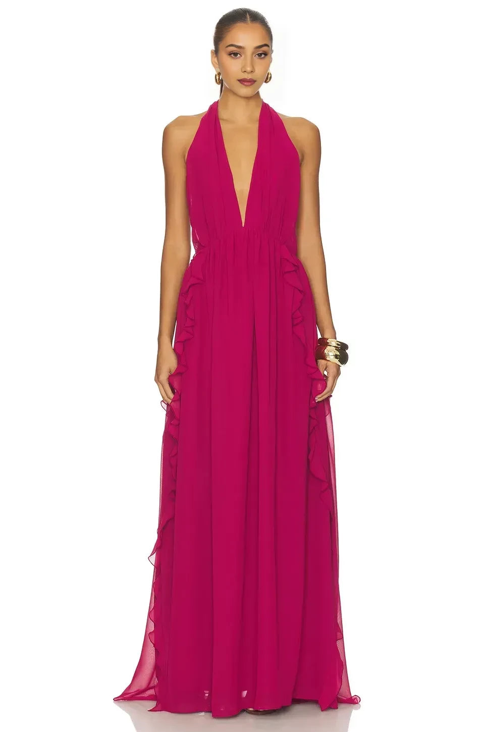 Elegant A Line Halter Neck Sleeveless Ruffled Open Back Floor Length Evening Dress