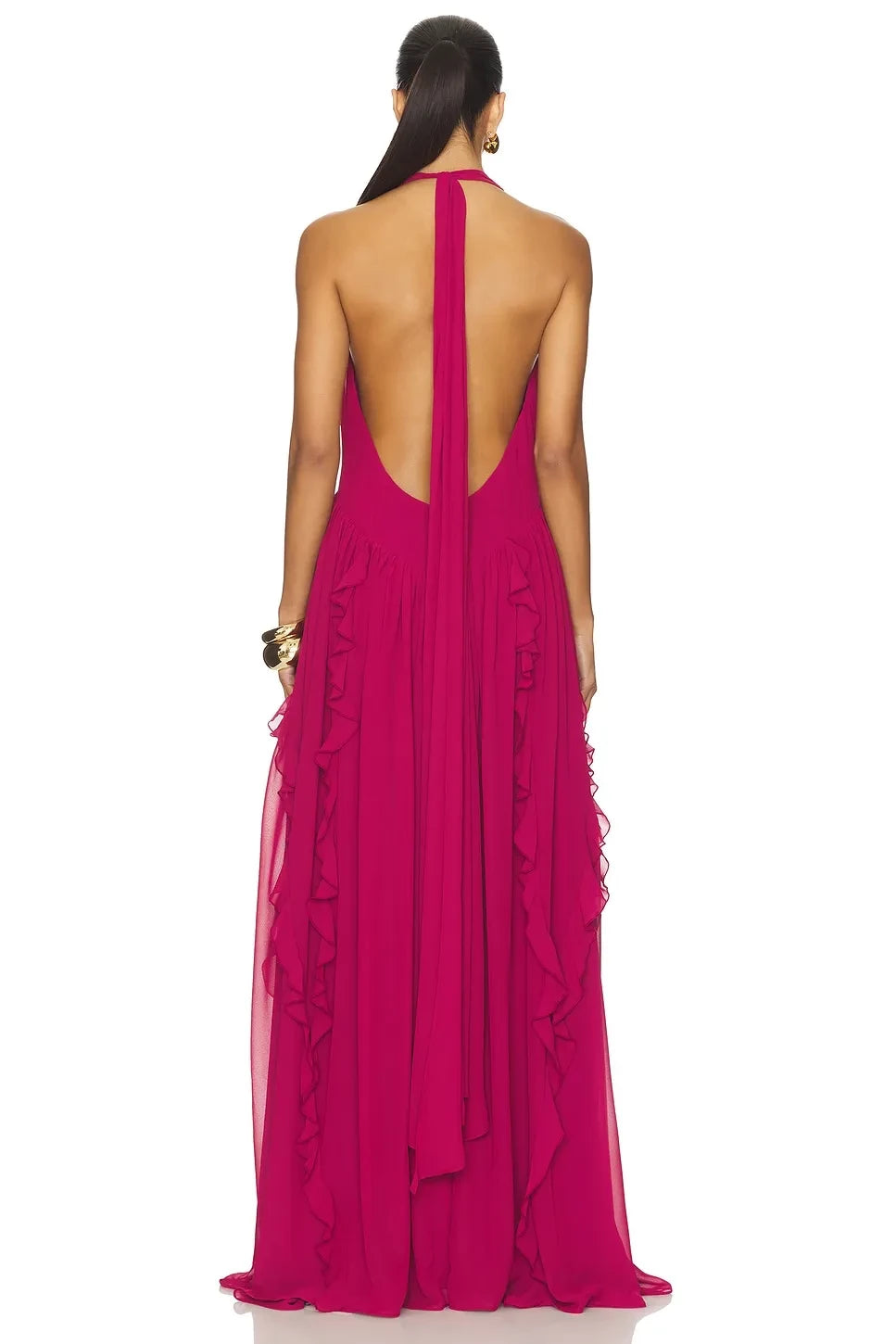 Elegant A Line Halter Neck Sleeveless Ruffled Open Back Floor Length Evening Dress