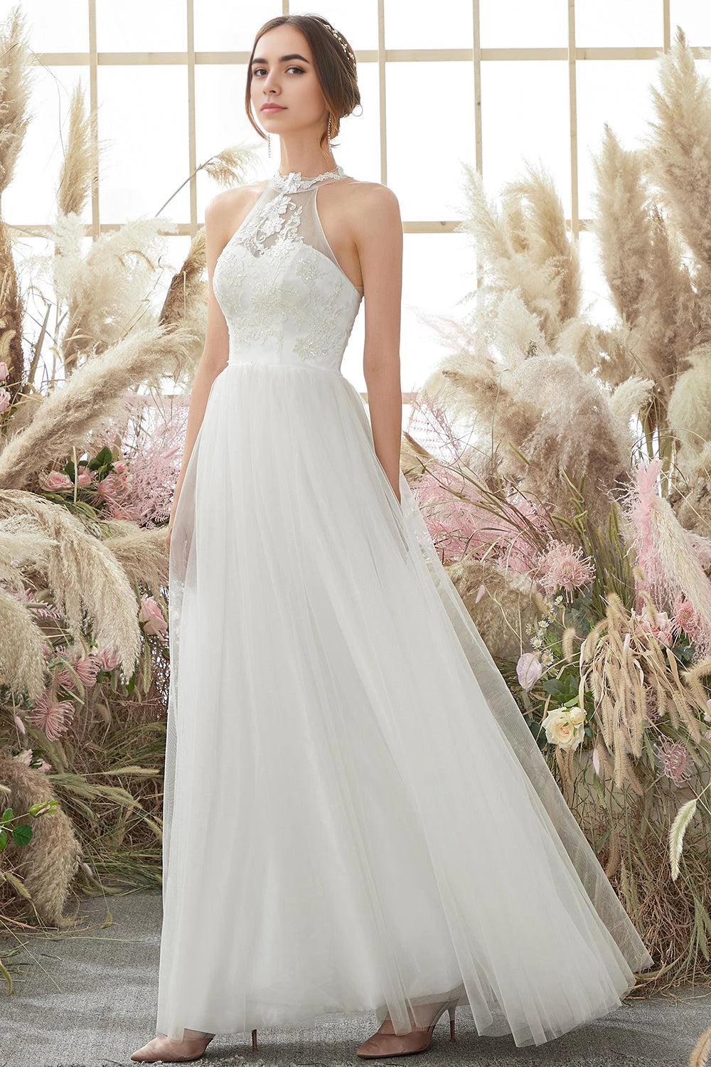 Elegant A Line High Neck Sleeveless Open Back Floor Length Wedding Dress