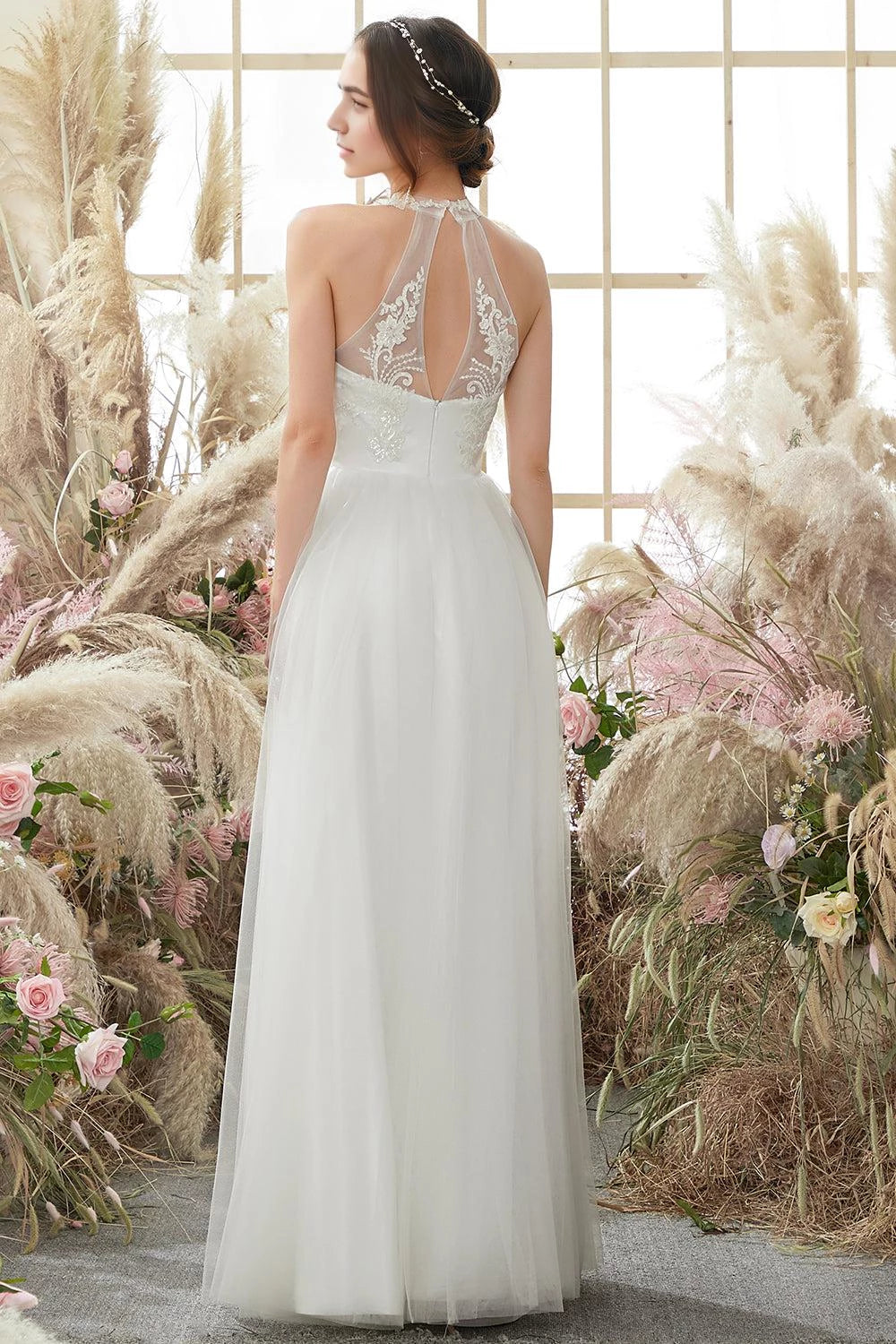 Elegant A Line High Neck Sleeveless Open Back Floor Length Wedding Dress