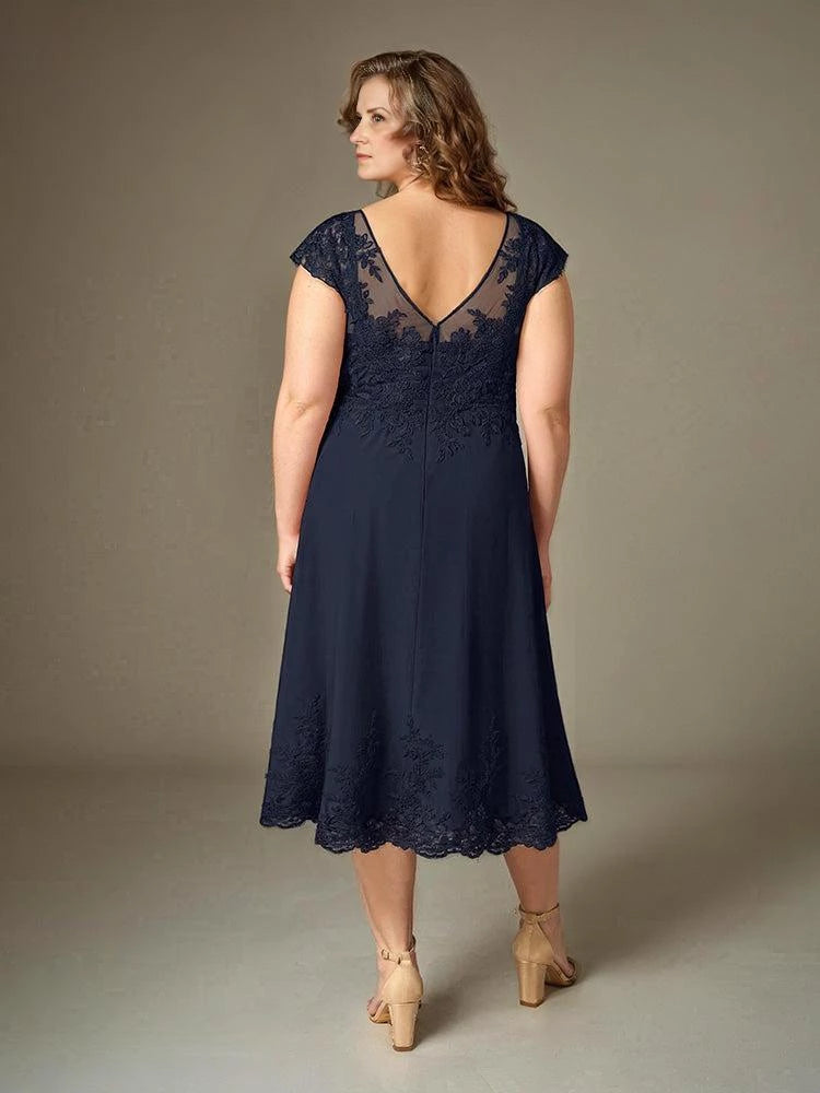 Elegant A Line Illusion Neck Cap Sleeve Open Back Midi Length Mother of the Bride Dress