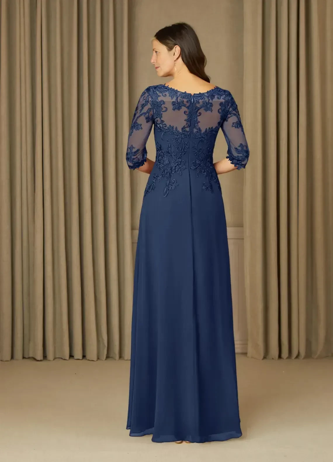 Elegant A Line Illusion Neck Three Quarter Sleeve Zipper Back Floor Length Mother of the Bride Dress