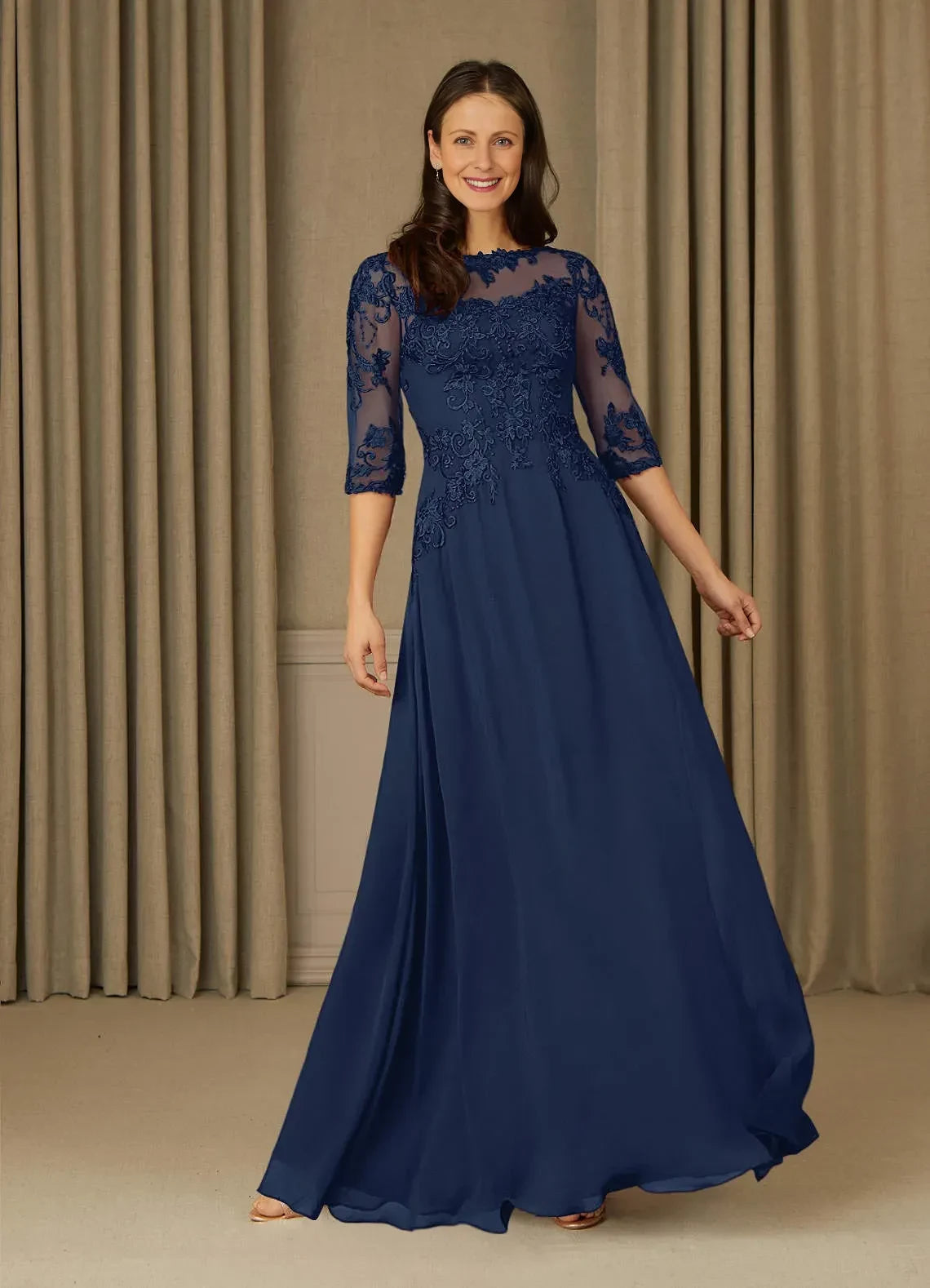Elegant A Line Illusion Neck Three Quarter Sleeve Zipper Back Floor Length Mother of the Bride Dress