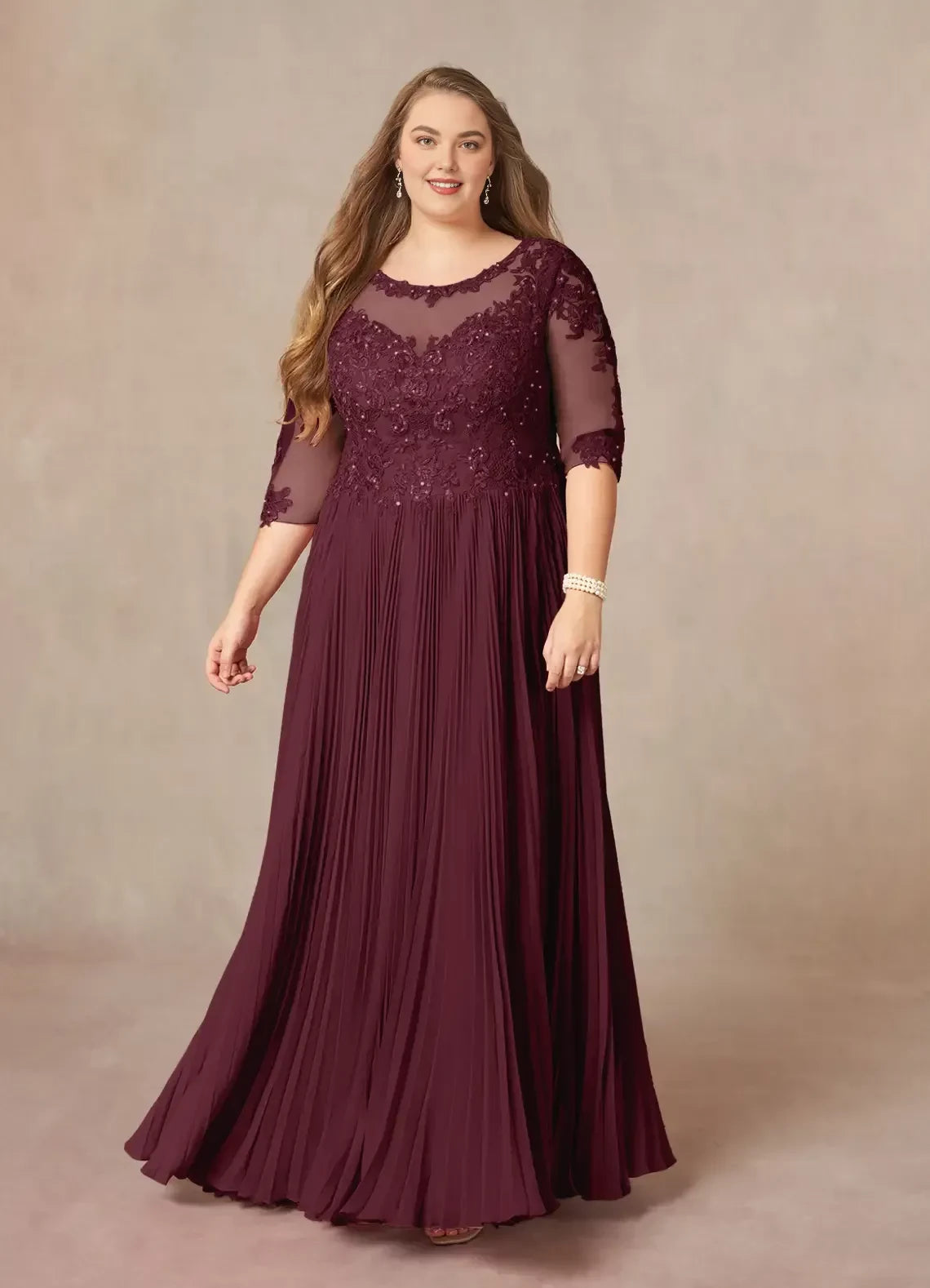 Elegant A Line Illusion Neck Three Quarter Sleeve Zipper Back Plus Size Floor Length Mother of the Bride Dress