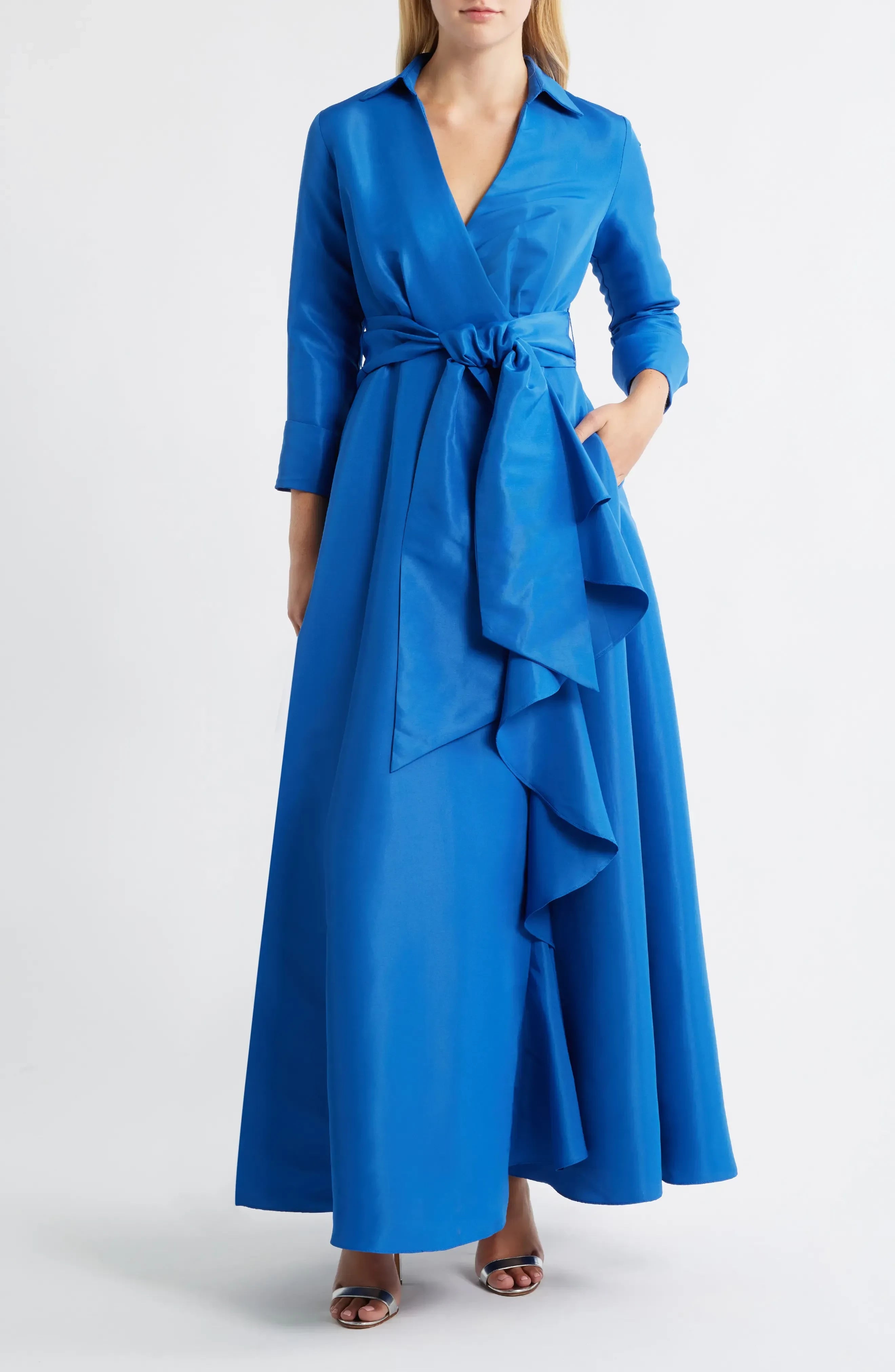 Elegant A Line Notched Lapel Three Quarter Sleeve Belted Back Floor Length Evening Dress ﻿