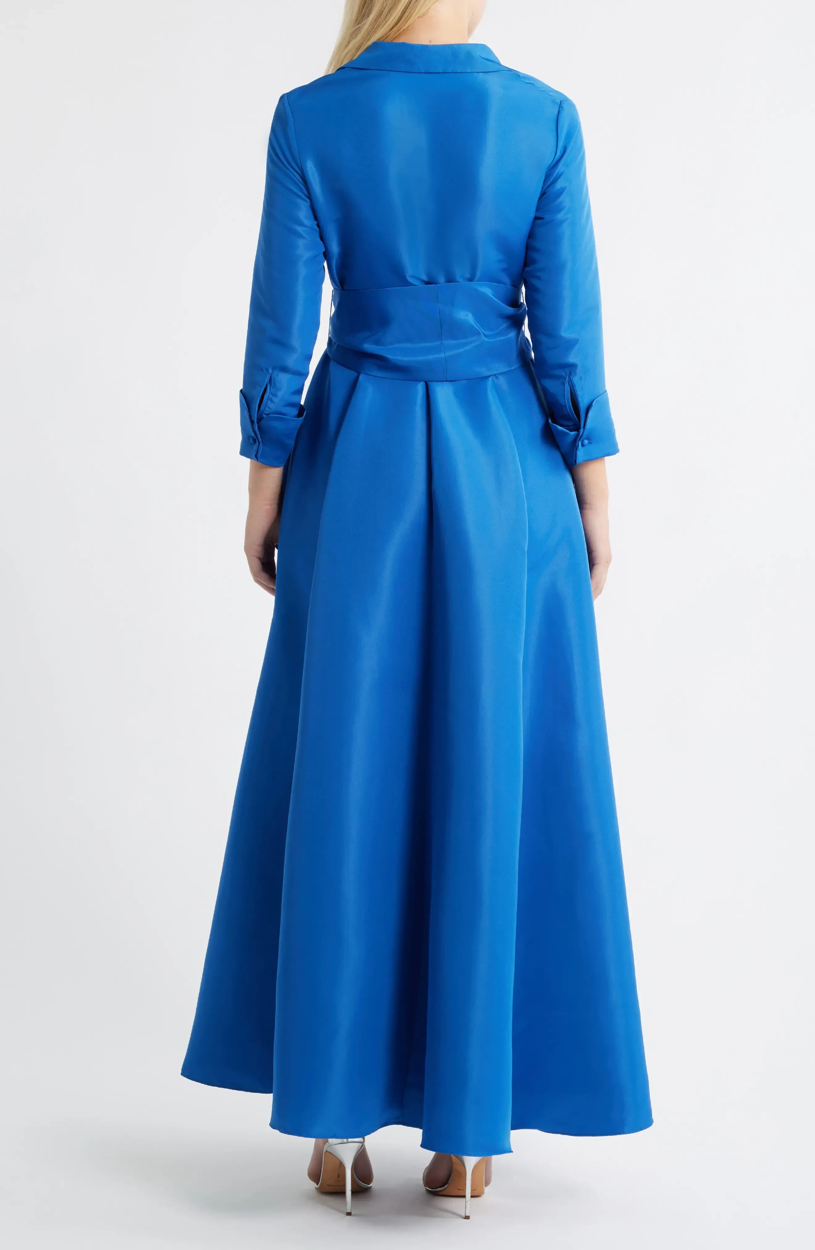 Elegant A Line Notched Lapel Three Quarter Sleeve Belted Back Floor Length Evening Dress ﻿