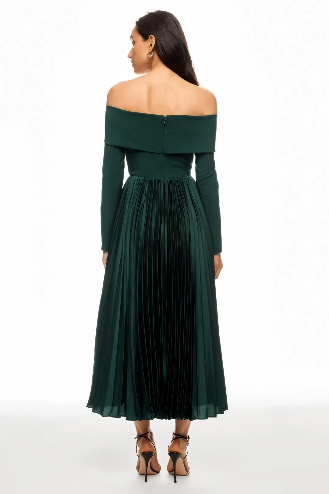 Elegant A Line Off Shoulder Long Sleeve Pleated Midi Length Plus Size Prom Dress