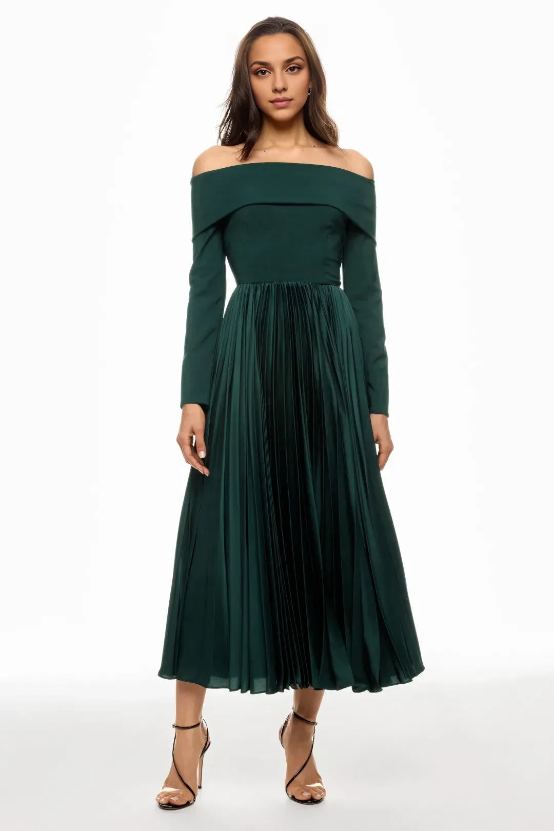 Elegant A Line Off Shoulder Long Sleeve Pleated Midi Length Plus Size Prom Dress
