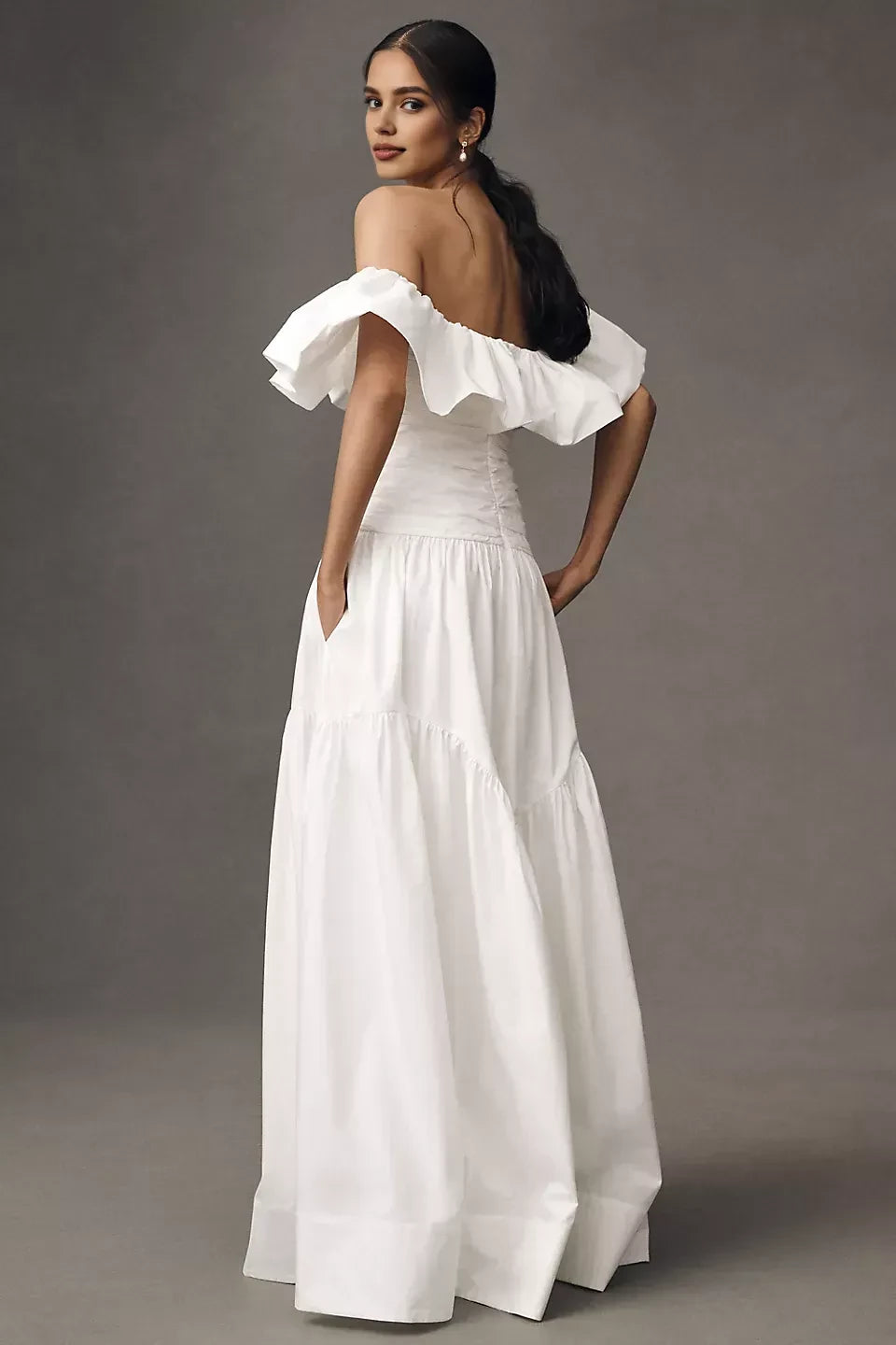 Elegant A Line Off Shoulder Ruffled Sleeve Open Back Floor Length Evening Dress