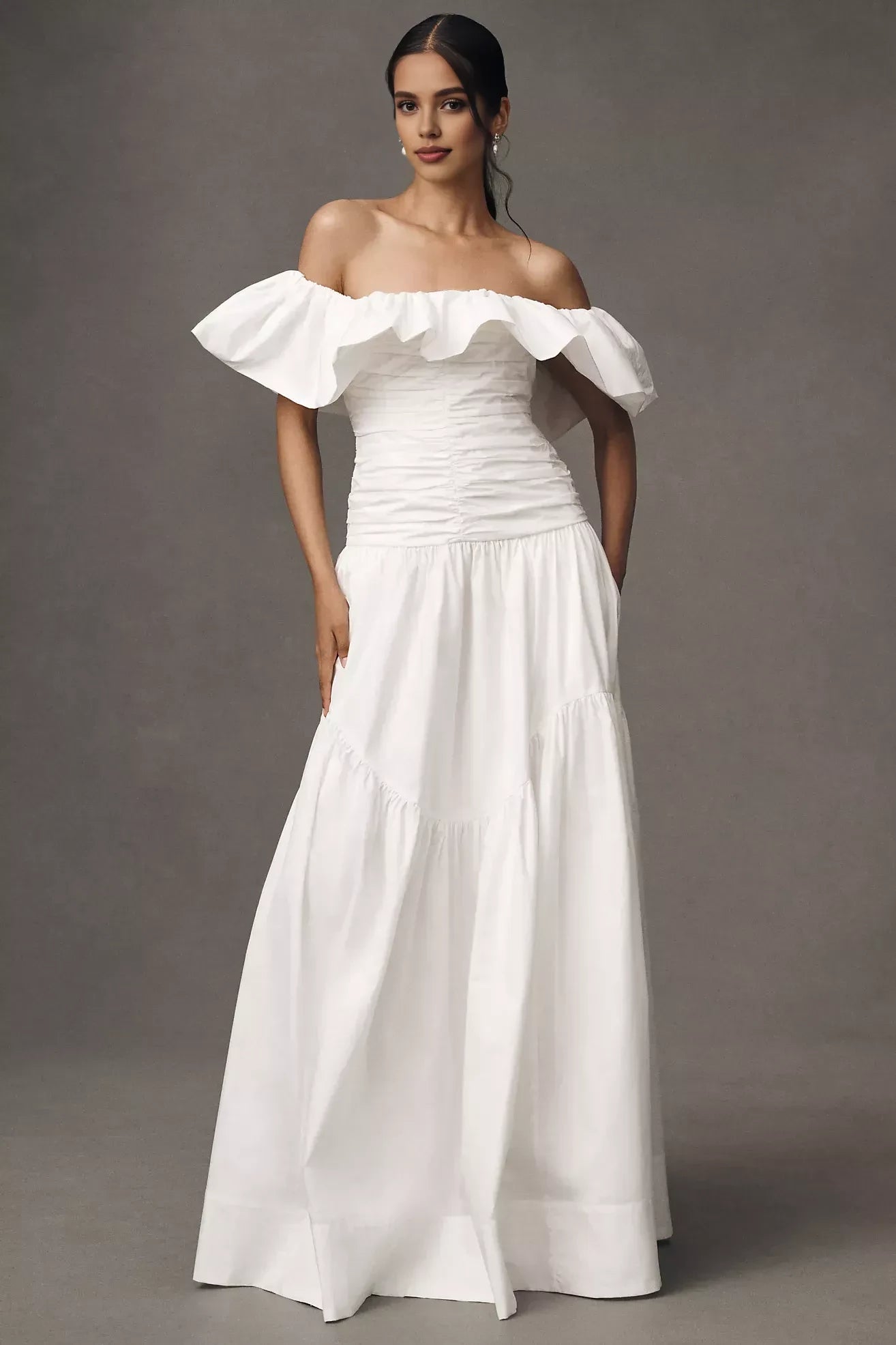 Elegant A Line Off Shoulder Ruffled Sleeve Open Back Floor Length Evening Dress