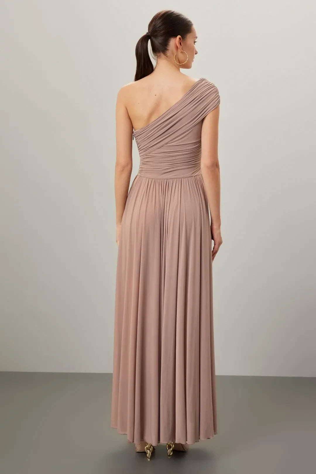 Elegant A Line One Shoulder Draped Sleeve Floor Length Plus Size Prom Dress