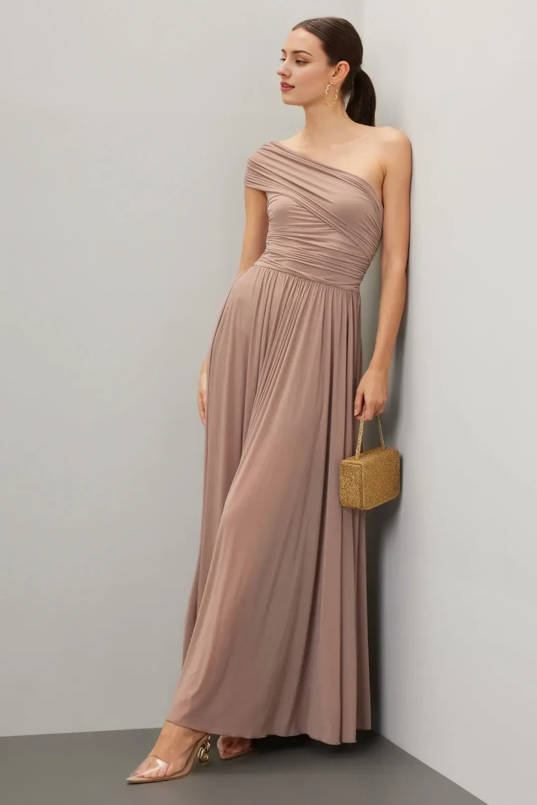 Elegant A Line One Shoulder Draped Sleeve Floor Length Plus Size Prom Dress