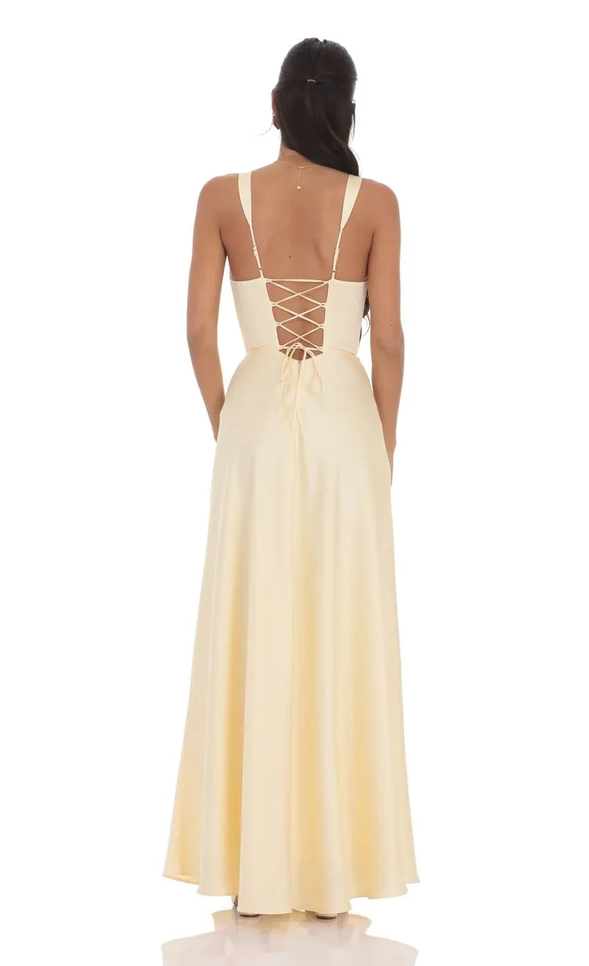 Elegant A Line Plunge Neck Sleeveless Lace Up Back Floor Length Evening Dress