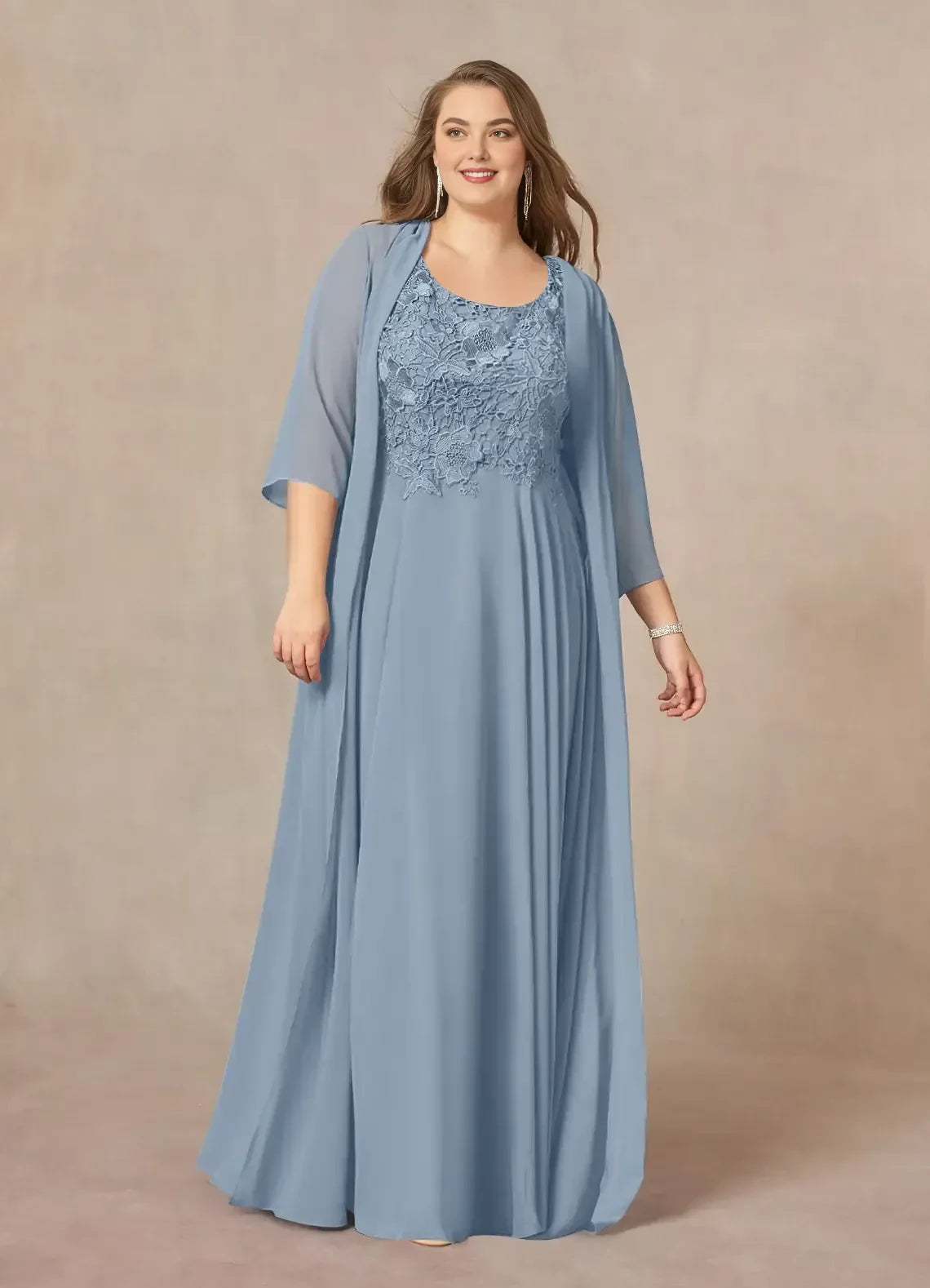 Elegant A Line Scoop Neck Sleeveless Zipper Back Plus Size Floor Length Mother of the Bride Dress with Chiffon Jacket