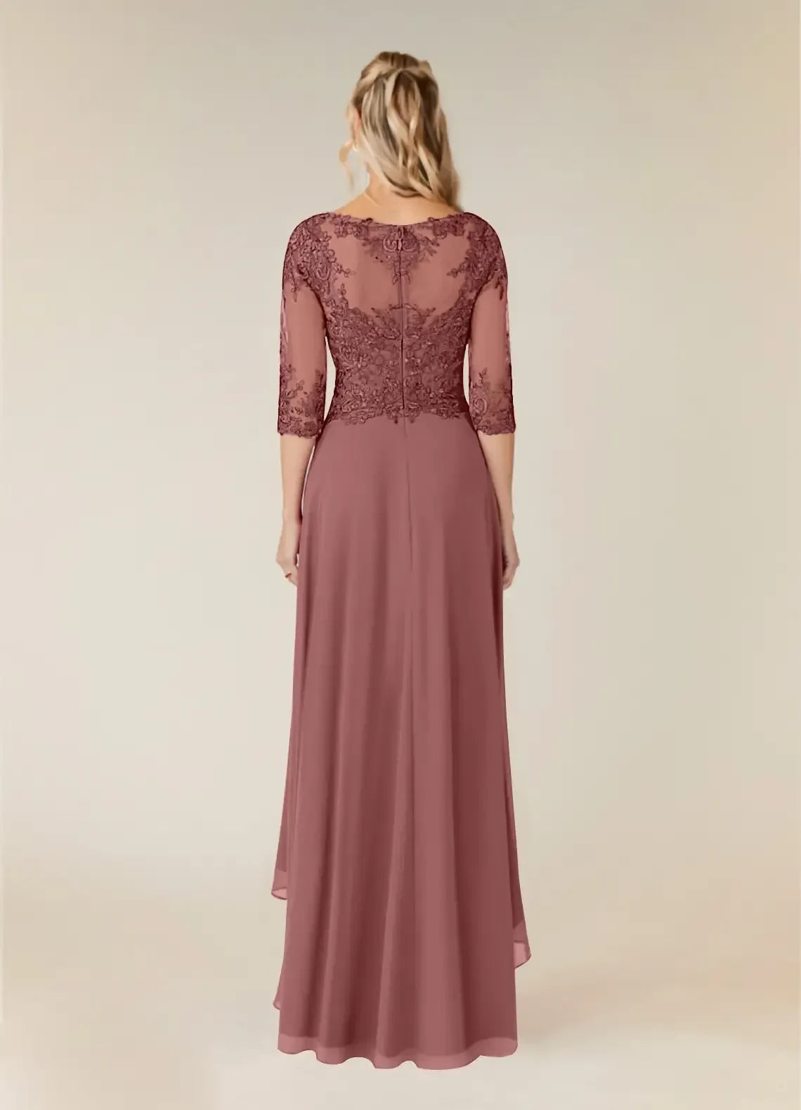 Elegant A Line Scoop Neck Three Quarter Sleeve Zipper Back High Low Mother of the Bride Dresses