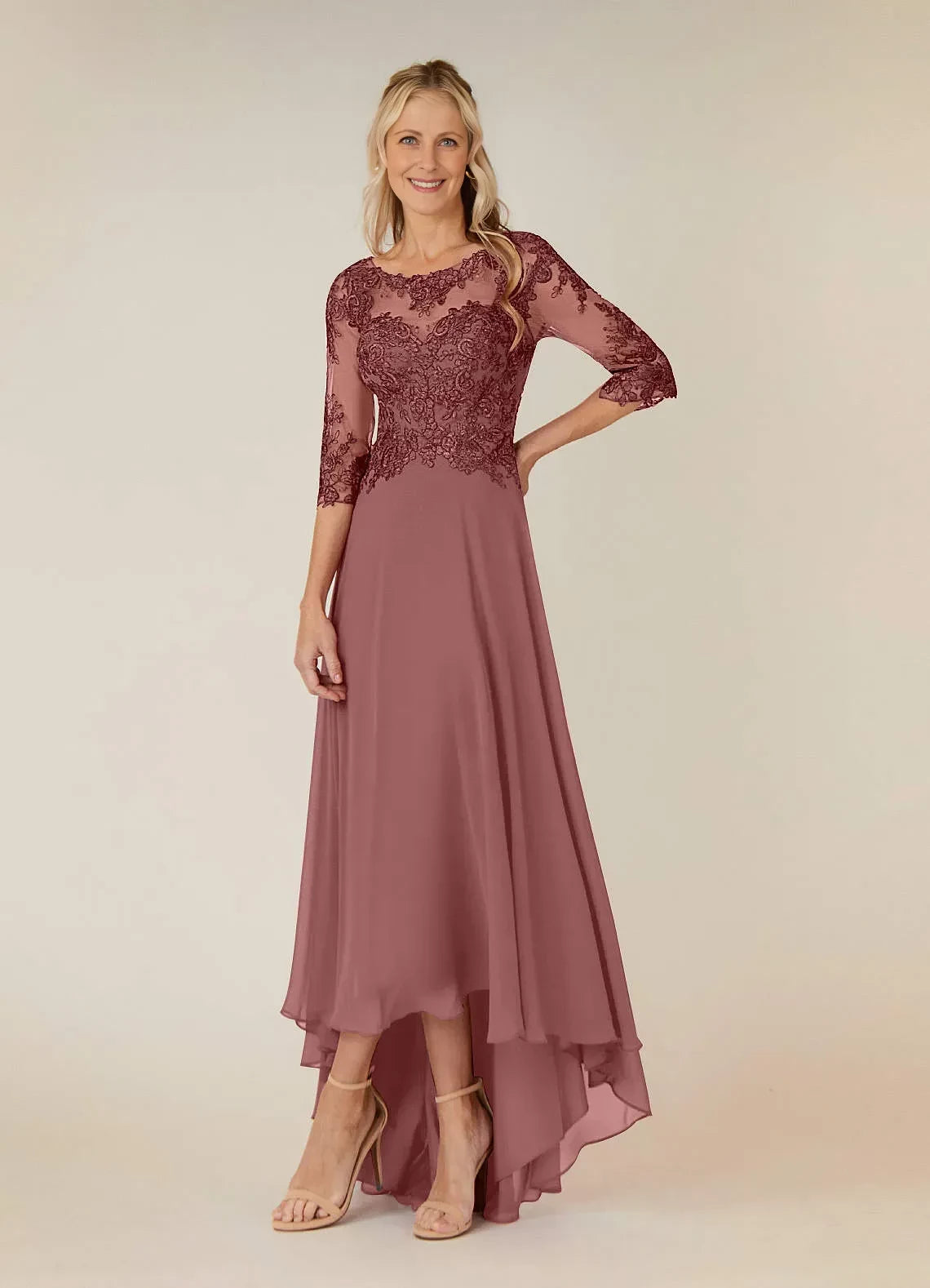 Elegant A Line Scoop Neck Three Quarter Sleeve Zipper Back High Low Mother of the Bride Dresses