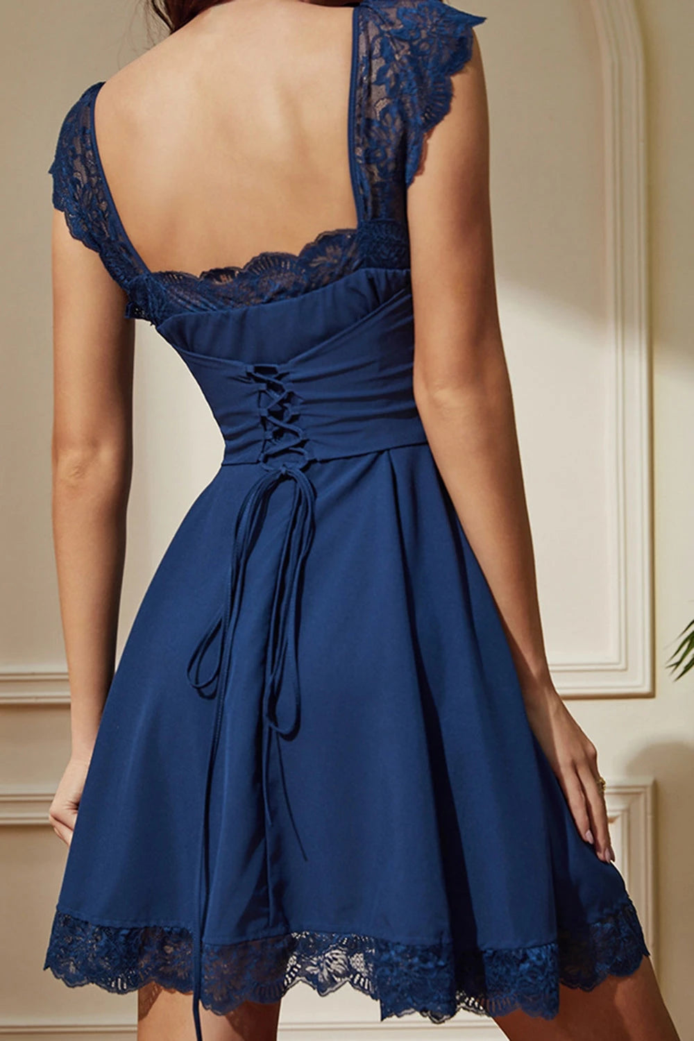 Elegant A-Line Square Neck Lace-Trimmed Lace-Up Back Mini Party Dress Homecoming Dress