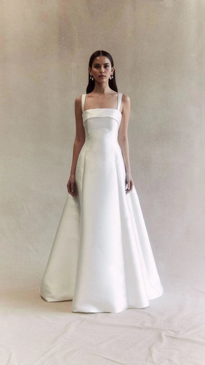 Elegant A Line Square Neck Sleeveless Open Back Floor Length Wedding Dress