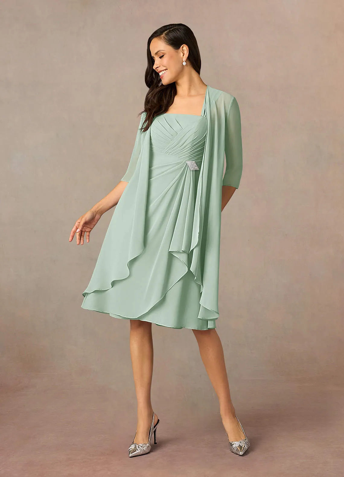 Elegant A Line Square Neck Three Quarter Chiffon Sleeve Zip Back Midi Length Mother of the Bride Dress