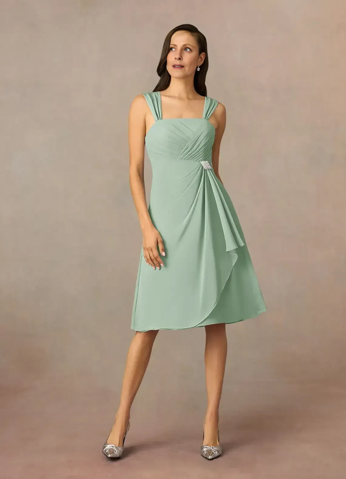 Elegant A Line Square Neck Three Quarter Chiffon Sleeve Zip Back Midi Length Mother of the Bride Dress