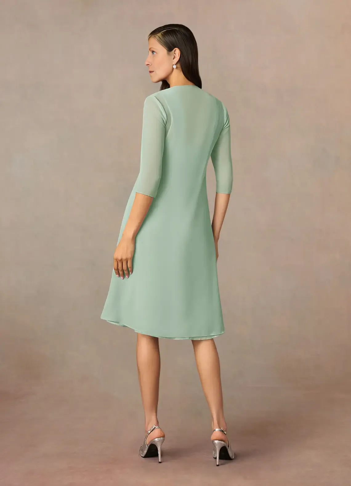 Elegant A Line Square Neck Three Quarter Chiffon Sleeve Zip Back Midi Length Mother of the Bride Dress