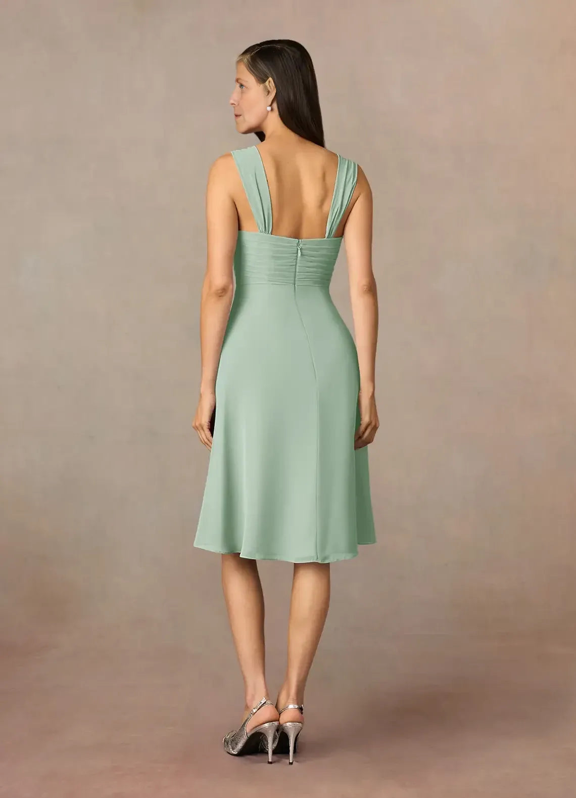 Elegant A Line Square Neck Three Quarter Chiffon Sleeve Zip Back Midi Length Mother of the Bride Dress