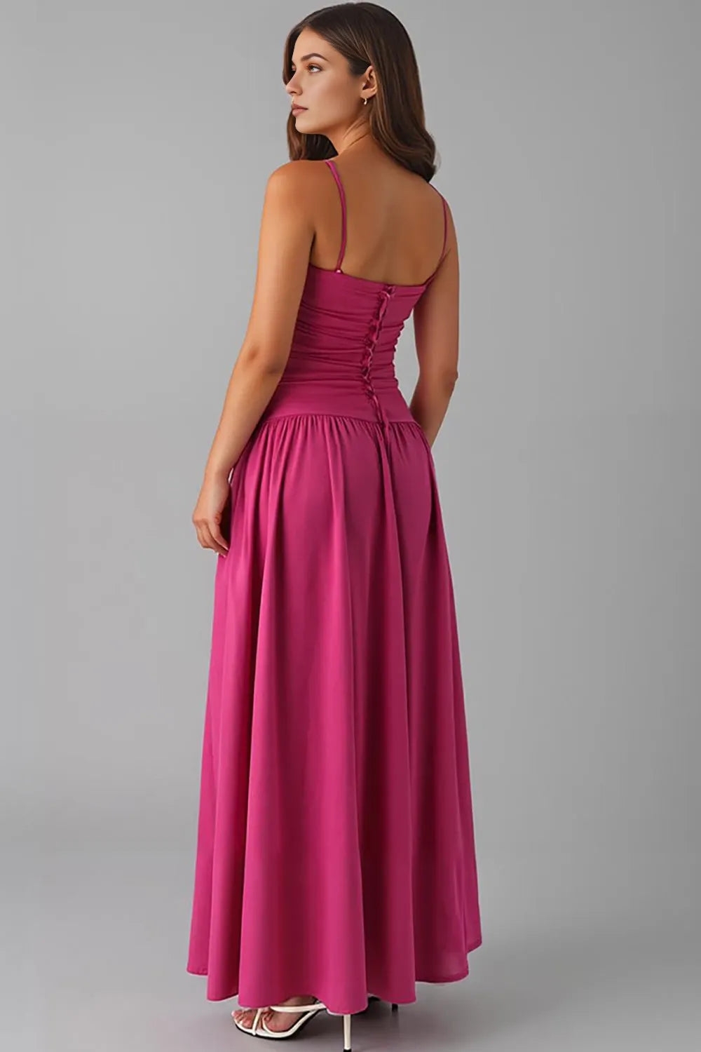 Elegant A - Line Straight Neck Spaghetti Strap Lace Up Back Evening Dress Homecoming Dress