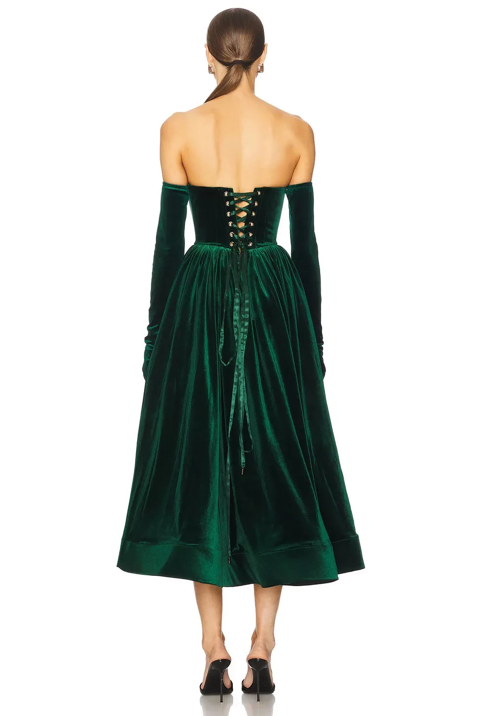 Elegant A Line Strapless Lace Up Back Midi Length Evening Dress with Detachable Sleeves