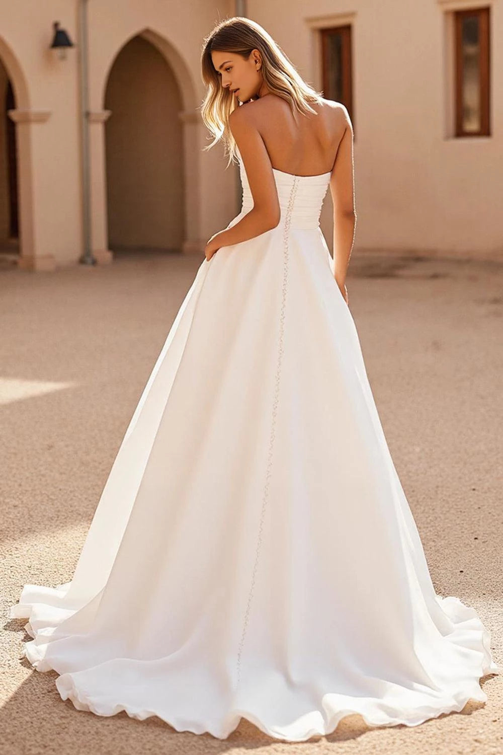 Elegant A Line Strapless Sleeveless Open Back Floor Length Wedding Dress