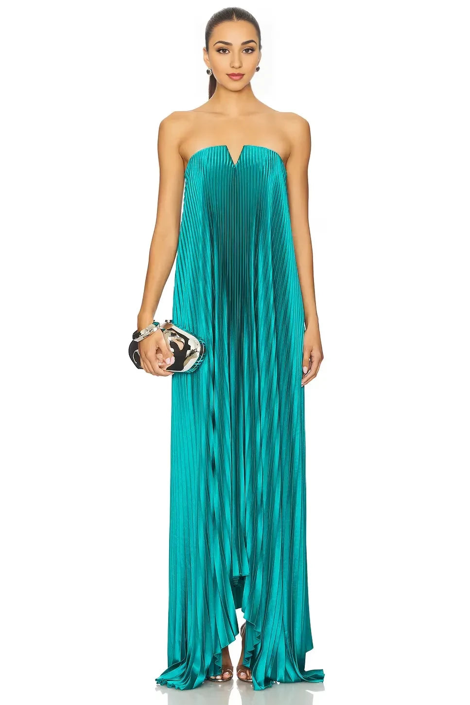 Elegant A Line Strapless Sleeveless Pleated Detail Asymmetric Length Evening Dress