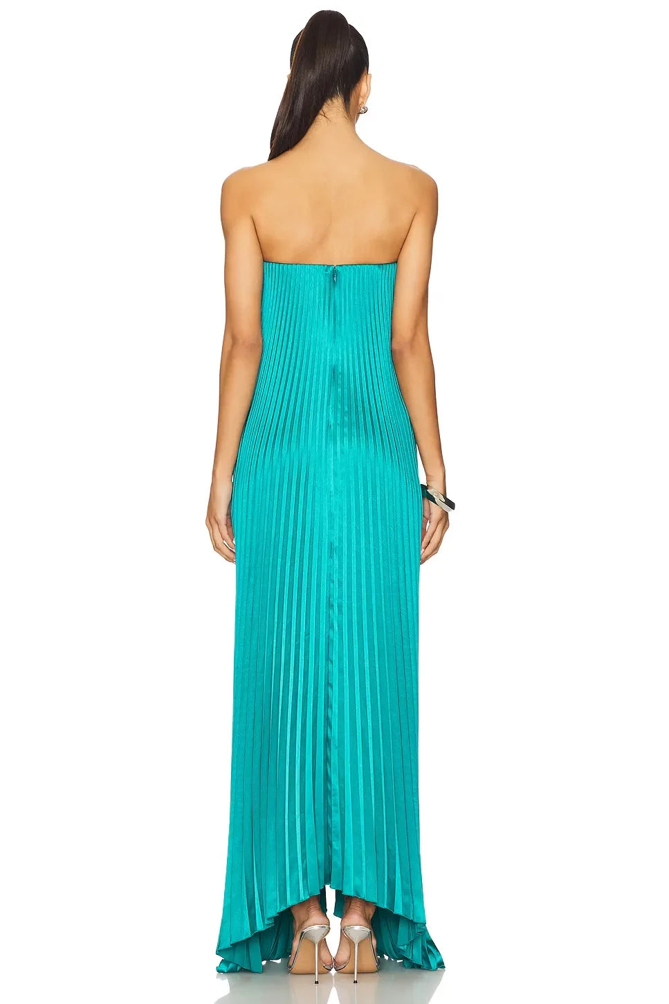 Elegant A Line Strapless Sleeveless Pleated Detail Asymmetric Length Evening Dress