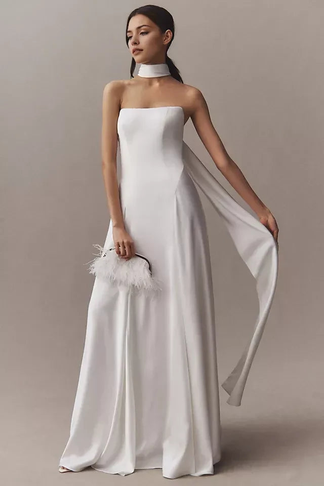 Elegant A Line Strapless Sleeveless Tie Back Floor Length Wedding Dress