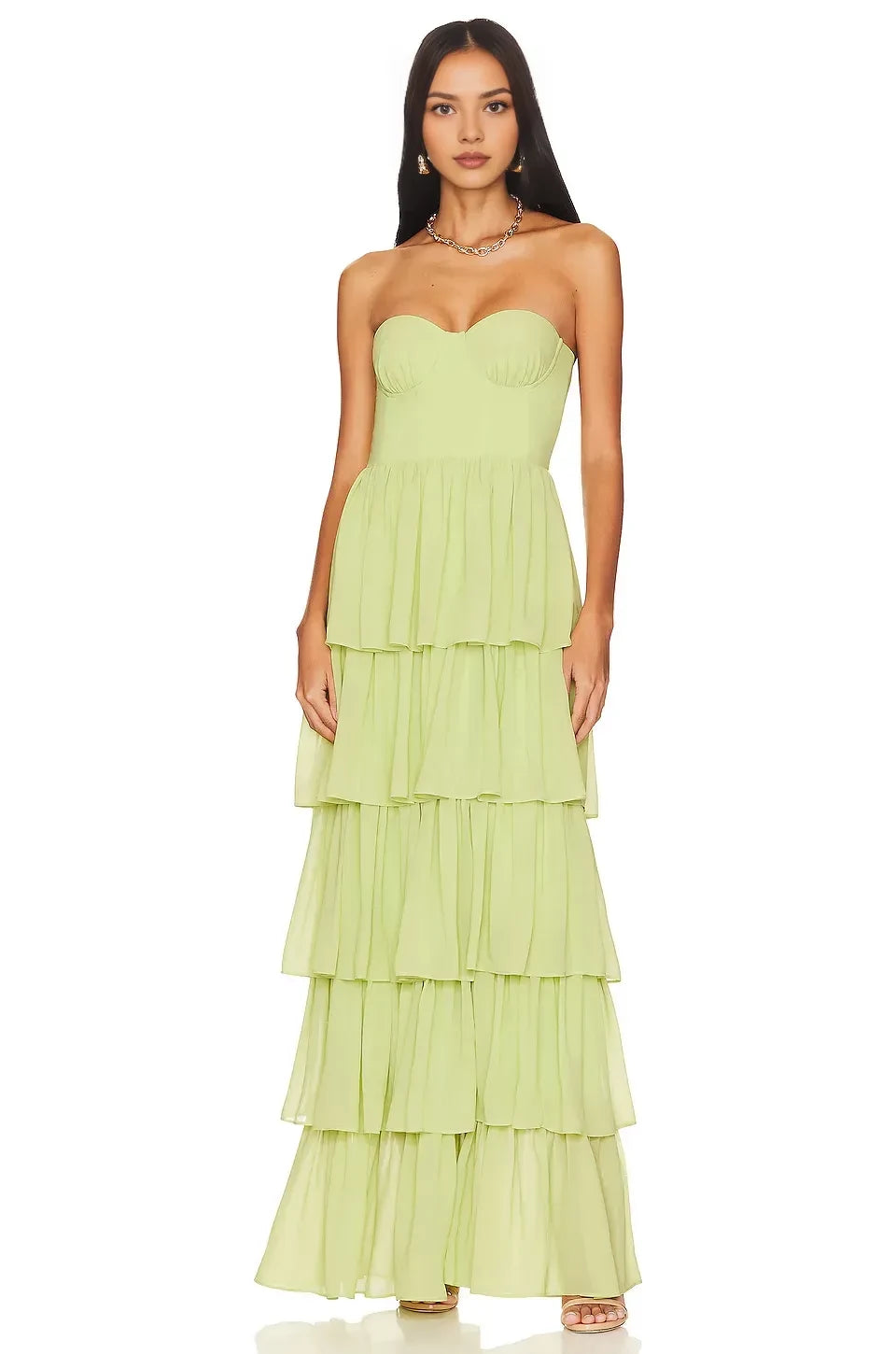 Elegant A Line Strapless Sleeveless Tiered Ruffle Floor Length Evening Dress