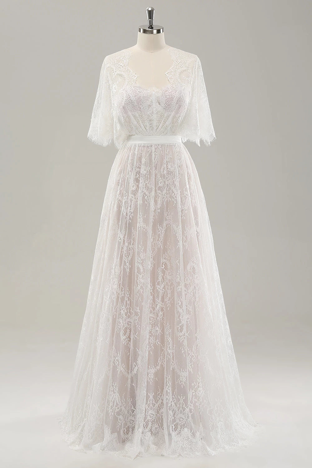 Elegant A Line Sweetheart Cape Sleeve Button Back Maxi Wedding Dress