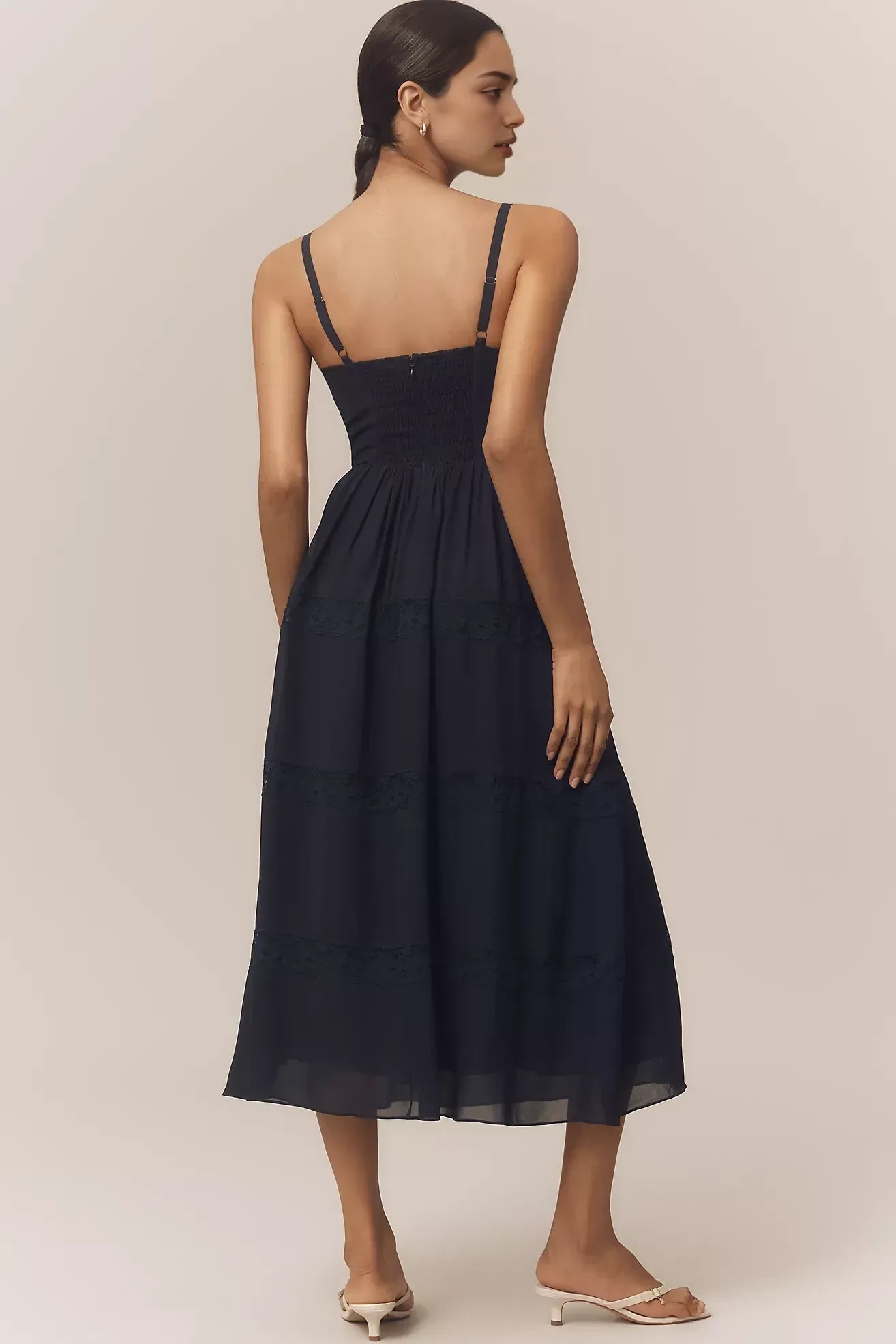 Elegant A Line Sweetheart Neck Spaghetti Strap Smocked Back Midi Length Evening Dress