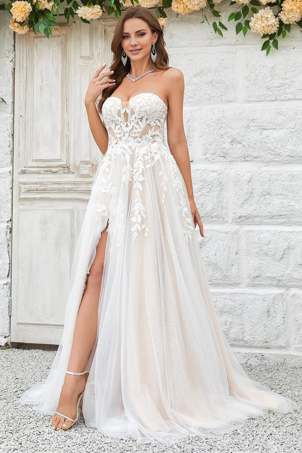Elegant A Line Sweetheart Off Shoulder Open Back Maxi Wedding Dress
