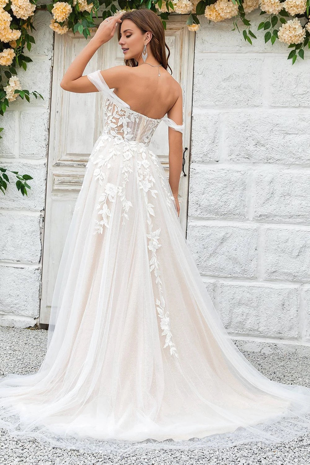 Elegant A Line Sweetheart Off Shoulder Open Back Maxi Wedding Dress
