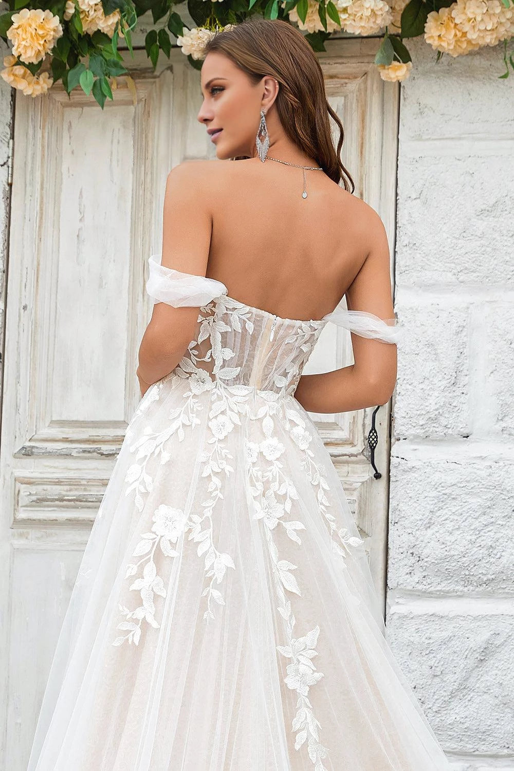 Elegant A Line Sweetheart Off Shoulder Open Back Maxi Wedding Dress