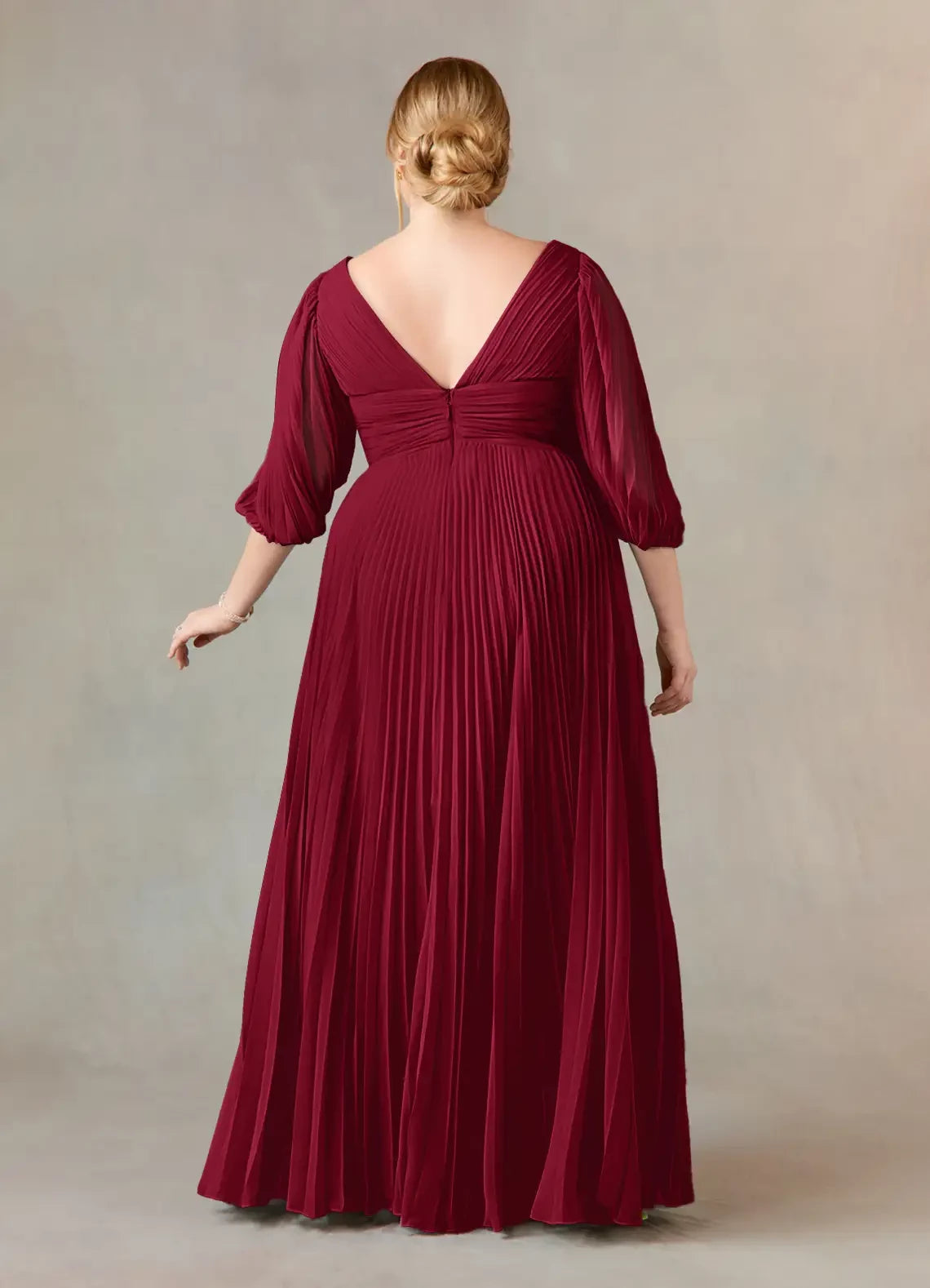Elegant A Line V Neck Bishop Sleeve Zipper Back Plus Size Floor Length Mother of the Bride Dress