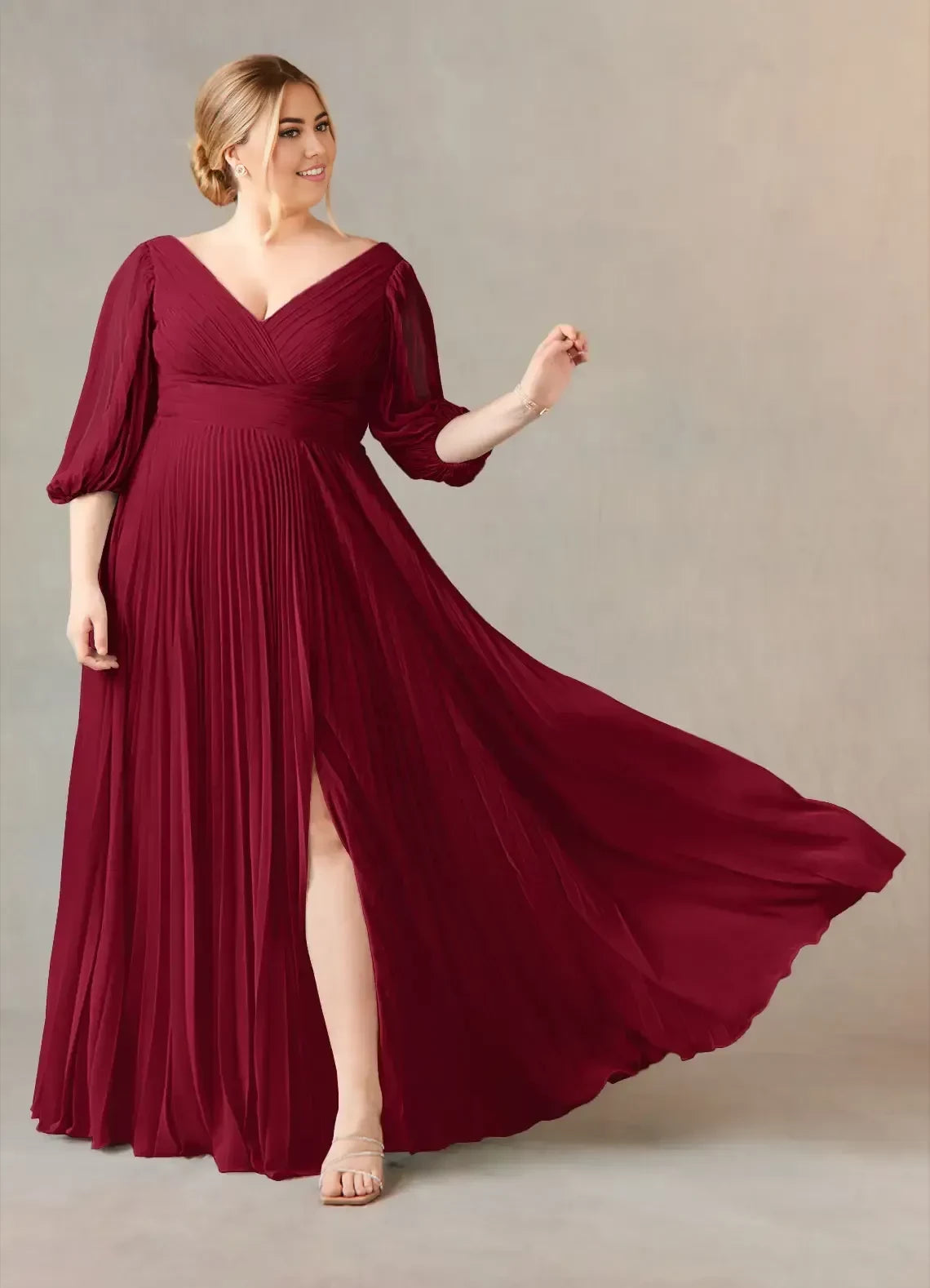 Elegant A Line V Neck Bishop Sleeve Zipper Back Plus Size Floor Length Mother of the Bride Dress