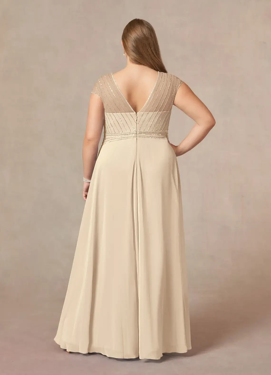 Elegant A Line V Neck Cap Sleeve Beaded Back Plus Size Floor Length Mother of the Bride Dress